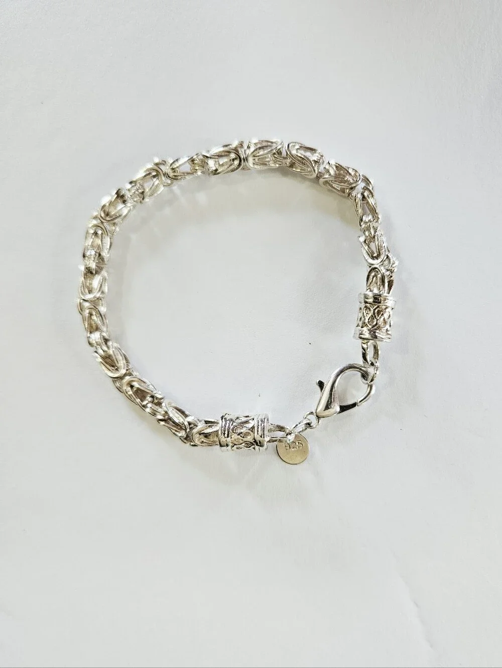 Polished Sterling Silver 925 Viking Byzantine Style Round Linked Chain Bracelet